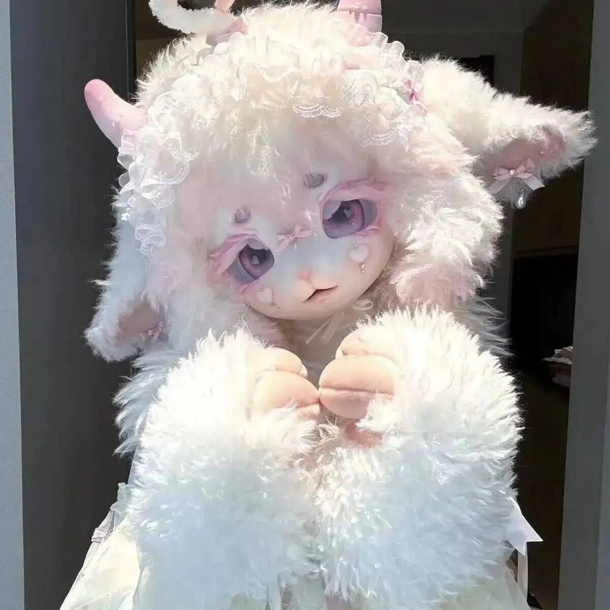 Anime Cosplay With Mask - 手作りキグフーリーコスチュームヘッド 可愛い羊/子羊ケモノマスク アニメコスプレ フルヘッド ロリータ風ファー衣装 毛皮ファン向け