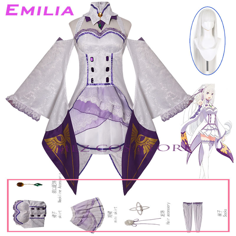 Cosplay Anime Top - エミリアコスプレアニメ再ゼロカラハジメル異世界生活衣装白制服ドレスウィッグセットハロウィンパーティー衣装女性用