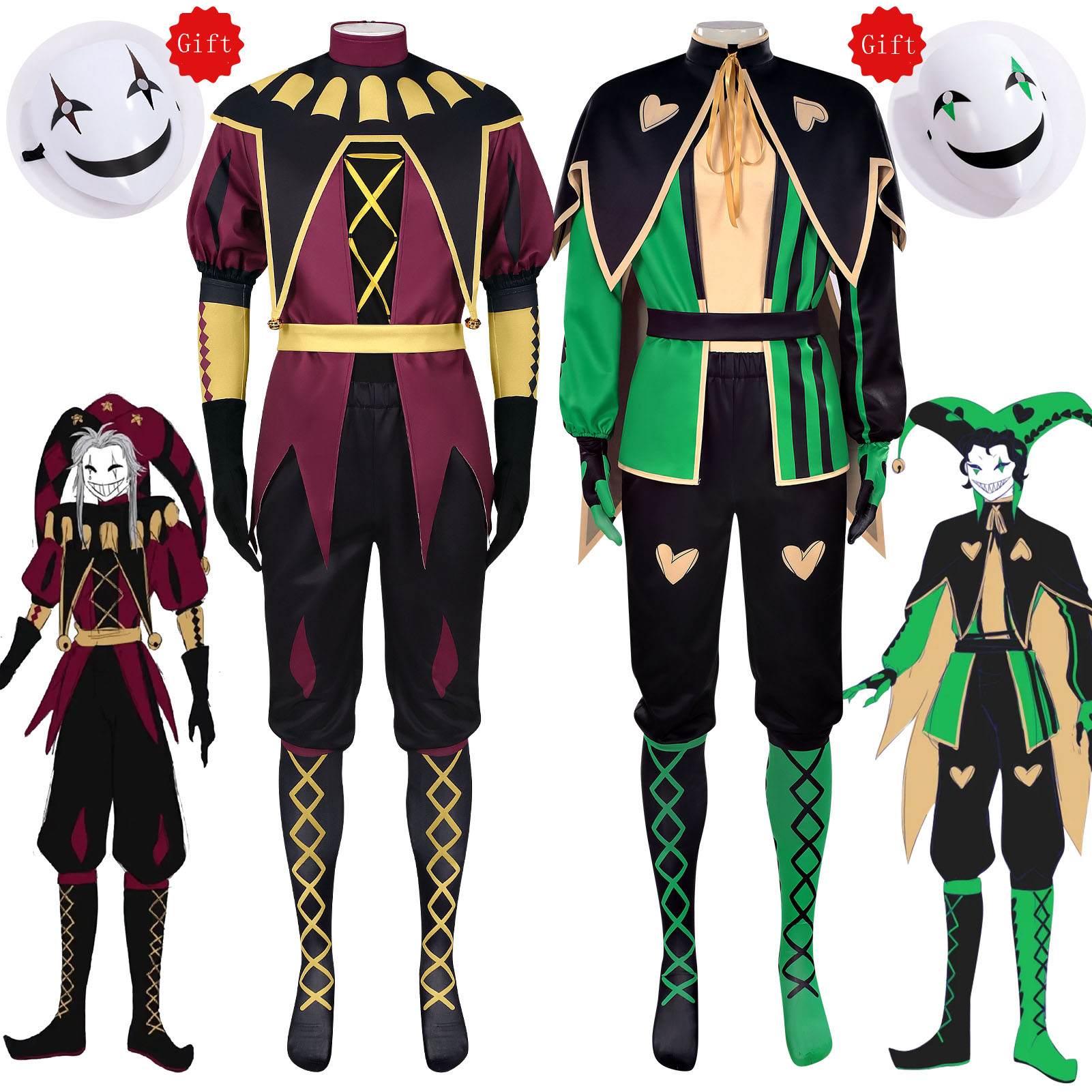 Anime Cosplay With Mask - アニメピエロコスプレ緑赤衣装マスク帽子手袋靴下クリスマスハロウィンパーティー衣装