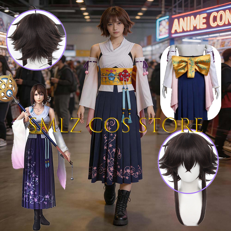 Cosplay Anime Top - Smlz FFX ユナコスプレアニメ FF10 X 衣装女性あなたナ着物ドレス小道具ウィッグセットハロウィンパーティー演劇衣装