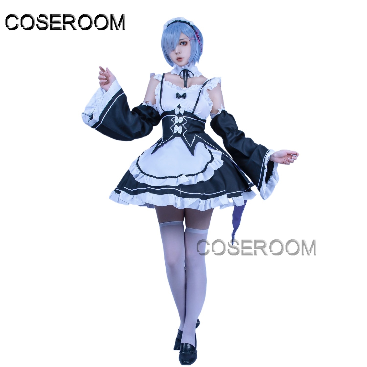 Anime Cosplay Rem - 再ゼロから始める異世界生活かわいいレムドレスラムコスプレ衣装ウィッグハロウィンメイドドレスパーティー女性用ギルズ