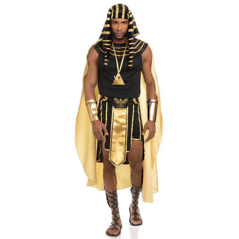 Egypt Cosplay Anime - 男性エジプト衣装セット 7 個ゴールデントリムタンクトップスカートアームスリーブ帽子ネックレスハロウィンコスプレ衣装