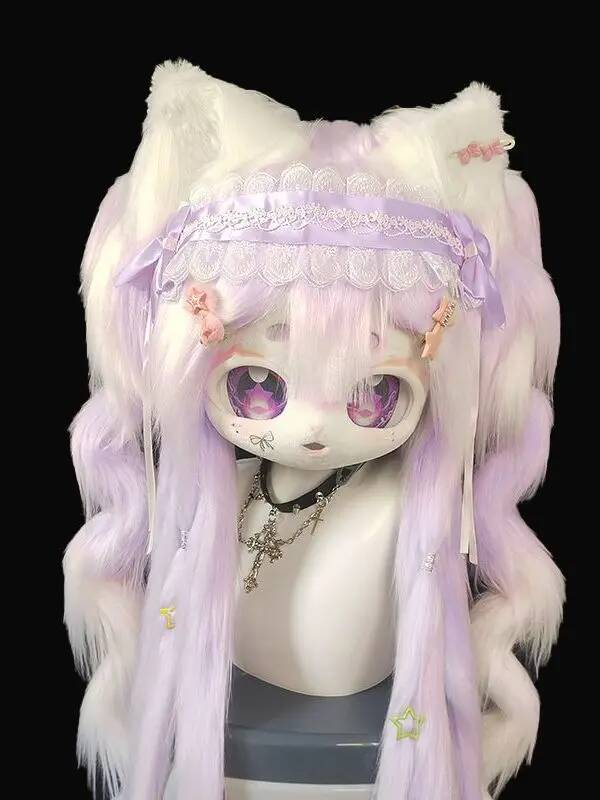 Anime Cosplay With Mask - 手作りキグフーリーコスチュームヘッド、かわいい猫ケモノマスク、アニメコスプレフルヘッド、紫髪ロリータ風毛皮コスチューム（毛皮ファン向け）
